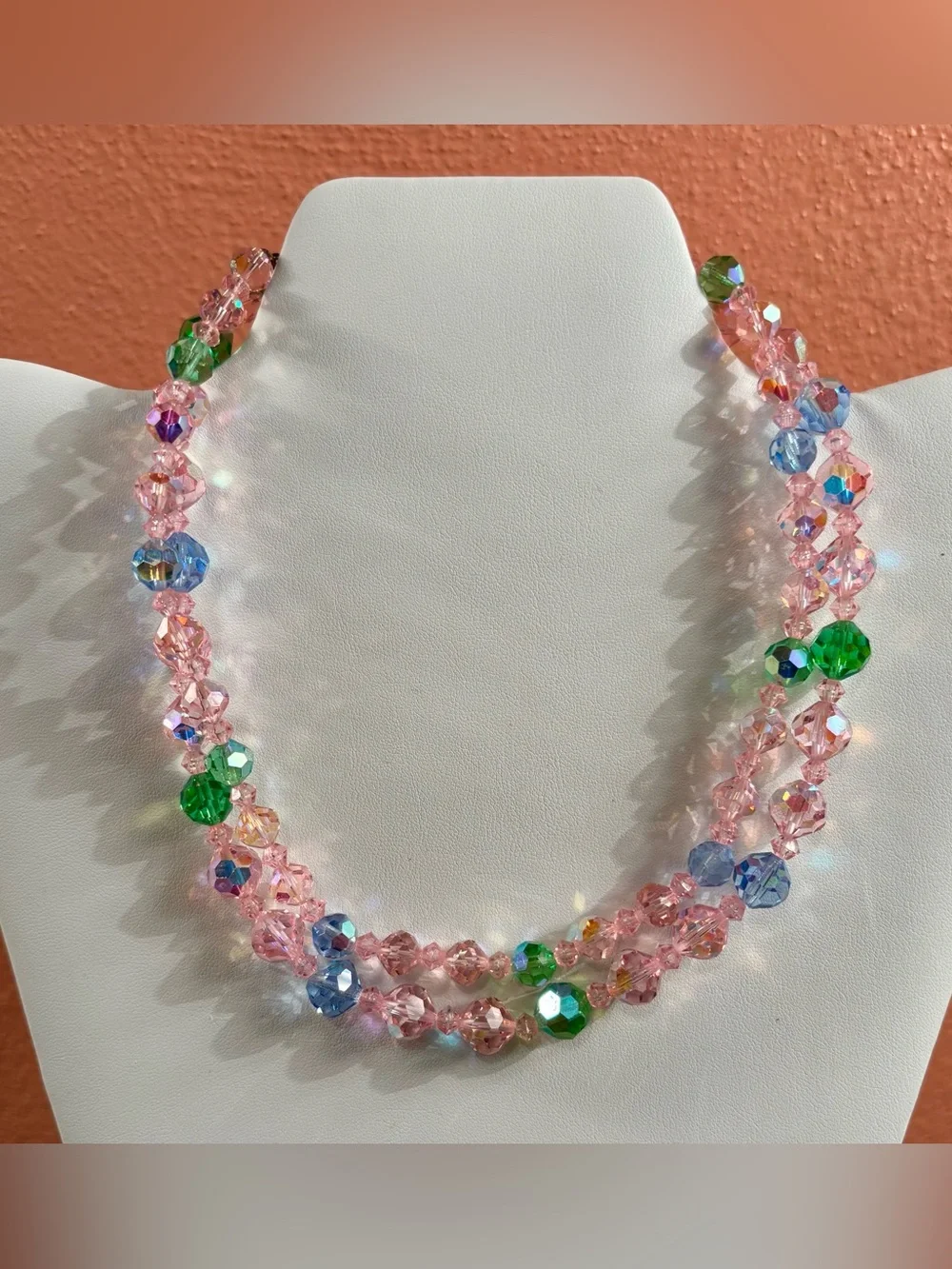 Vintage Double Strand Pink Aurora Borealis Crystal Bead Necklace Blue Green